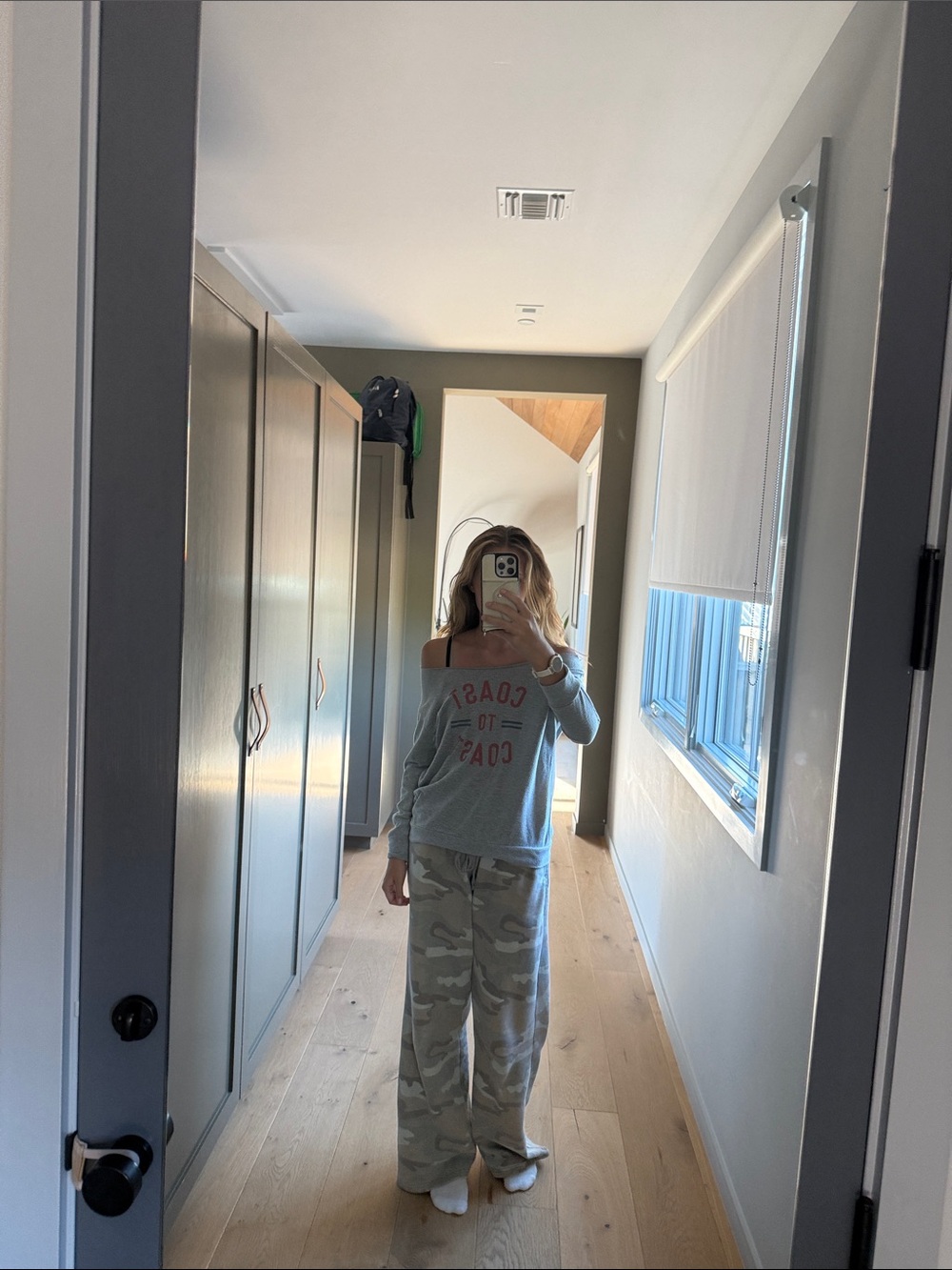 Women’s Light Gray Off-Shoulder Long-Sleeve Tee with Coral Logo